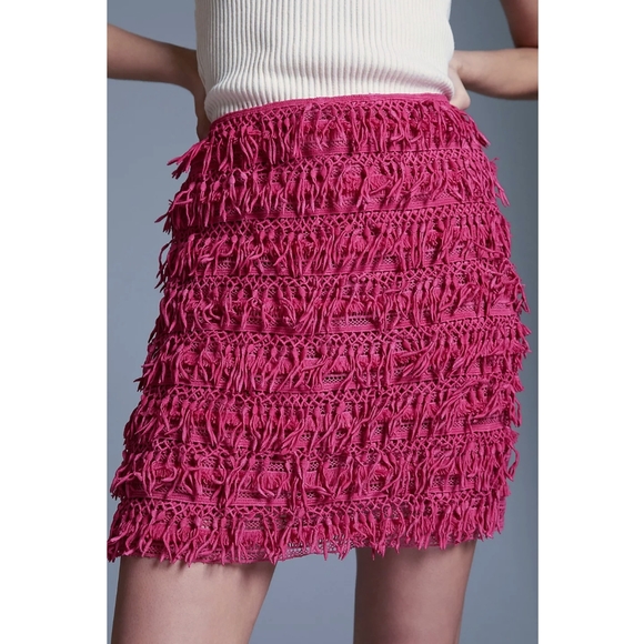 NWT, Anthropologie, Let Me Be Fringe Mini Skirt in Pink - Picture 3 of 3